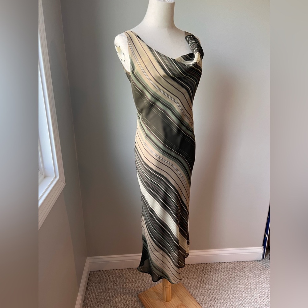 Zara Flow Stripped Brown Green Midi Dress 6